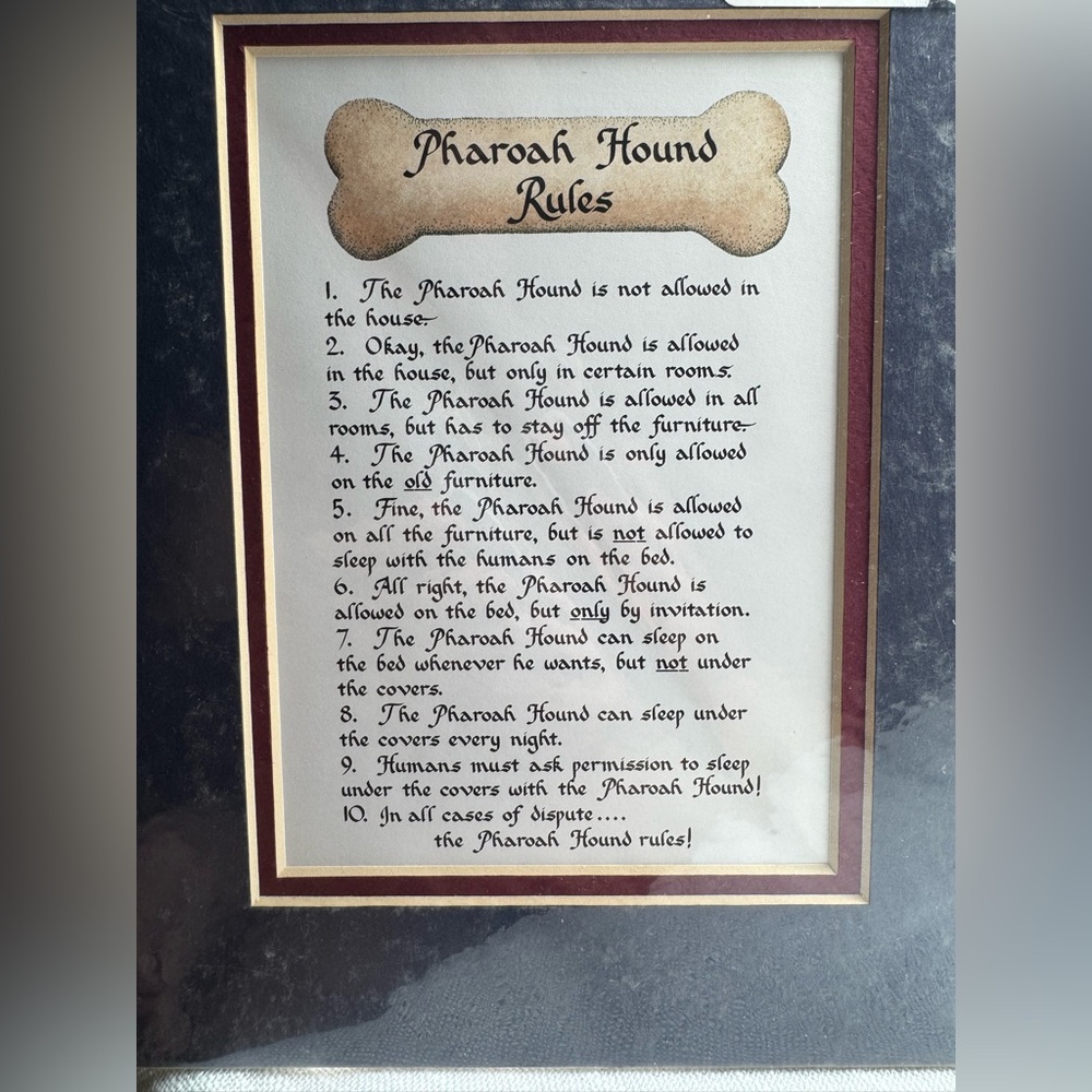 Pharaoh Hound Rules Calligraphy mat Framed wall art NIP 10”x8”